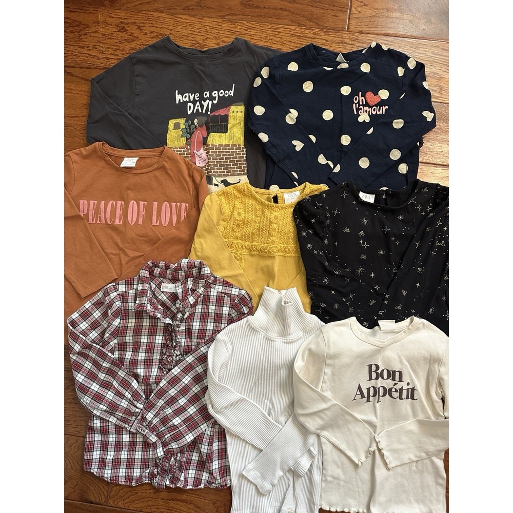 Lot of 8 ZARA Kids Girls Size 6 Long Sleeve Tops Shirts Ribbed Plaid Graphic